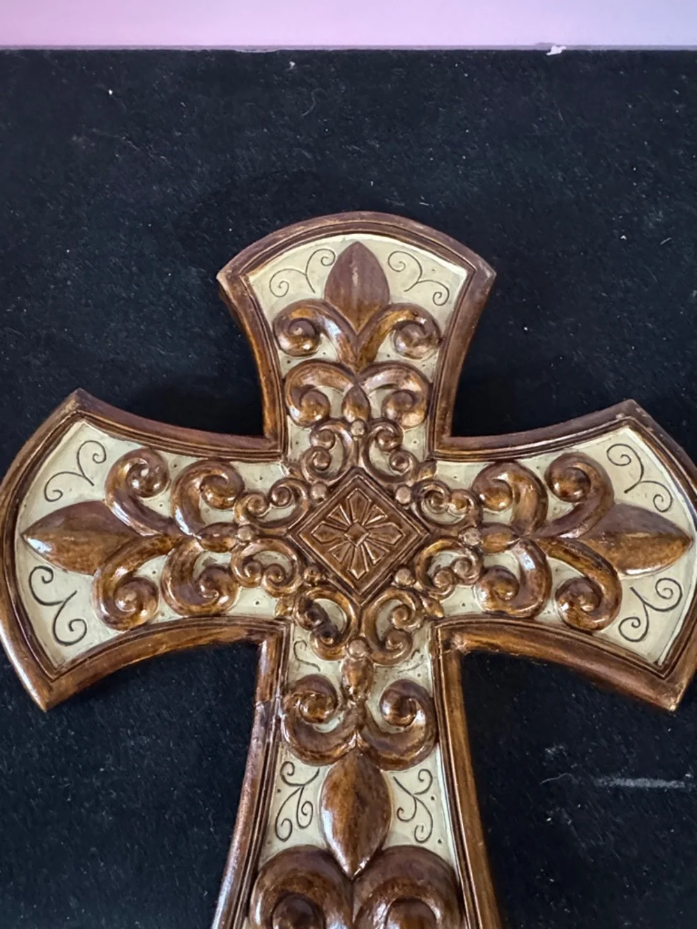 Ornate Decorative Wall Cross in Brown and Cream